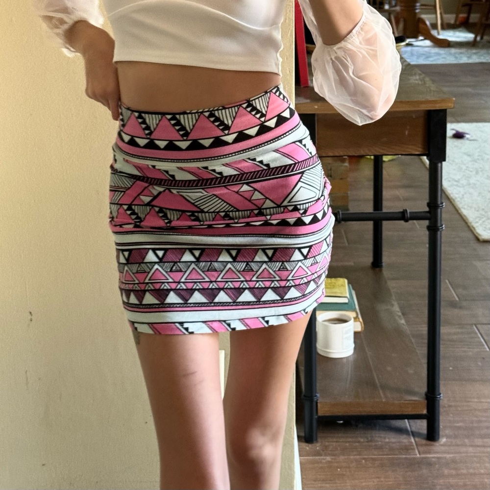 PINK Geometric Pink and Black Pencil Mini Skirt